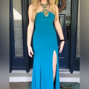 Val Stefani teal prom dress with beading